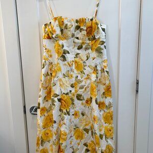 Mango Floral Midi dress, gathered neckline, yellow, Size XL, brand new with tags